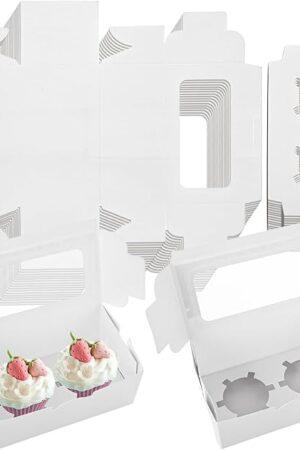 100 Set White Cupcake Boxes 2 Cupcake Holder with Lid To Go Cupcake Containers Reusable Cardboard Cupcake Boxes Bulk with Clear Window Cupcake Carrier for Cup Cake Packaging Transport Storage