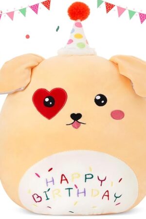 BSTAOFY 14'' Cute Happy Birthday Puppy Soft Plush Pillow Dog Stuffed Animal Birthday Gifts for Girls Boys Baby Kids