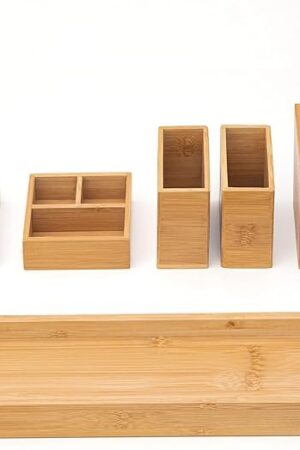 Bamboo Vanity Tray, 6-Piece Bathroom Countertop Vanity Tray Set, Makeup Kitchen Desk Organizer and Storage - Holds Small Items