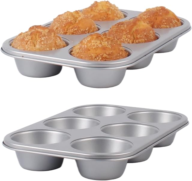 Nonstick jumbo Muffin Pans 6 Cups,2 Pack Extra Large Cupcake Tins for Baking,Premmium Non-stick Coating for Non-Toxic,Heavy Duty Carbon Steel, 3.5 dia,Deep Muffin Tray
