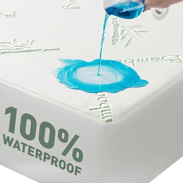 Cooling Queen Mattress Protector-100% Waterproof & Noiseless Rayon Fiber Mattress Cover (60" x 80") Size Bed Soft, Breathable, Guards Against Spills Matterss Pad - Pockets Up to 21″