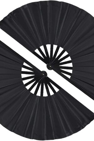 2 Pack Large Folding Hand Fan, Nylon-Cloth Vintage Retro Fabric Fans, Chinese Kung Fu Tai Chi Hand Fan for Men/Women, Festival, Dance, Gift, Performance, Decorations (Black)