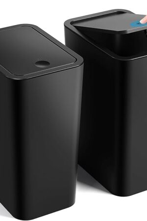 Bathroom Trash Can with Lid, 2 Pack 4 Gallons/15 Liters Garbage Can with Pop-Up Lid, Small Plastic Trash Can, Slim Trash Bin Waste Basket for Bathroom, Bedroom, Office, Living Room(Black)