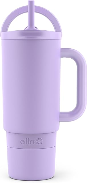 Ello Port 30oz Tumbler with Carry Loop & Integrated Handle | Vacuum Insulated Stainless Steel Reusable Water Bottle Travel Mug | Leak Proof Lid | Flexible Straw | BPA-Free | Dishwasher Safe | Lilac