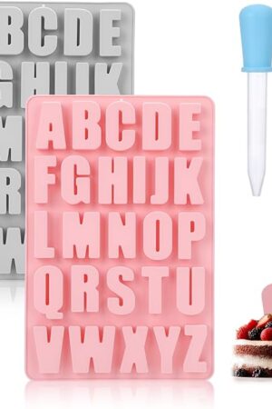 2 Pack Letter Molds for Chocolate,Silicone Letter Molds for Baking with 2 Dropper,Letter Mold,Alphabet Silicone Molds,Alphabet Crayon Trays for Baking Fondant Cake Biscuit Candy Resin Concrete (Pink)
