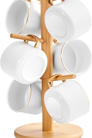 Bamboo Mug Tree for Counter, 6 Hooks Detachable Coffee Mug Holder, Decorative Mug Racks for Coffee Bar Organizer