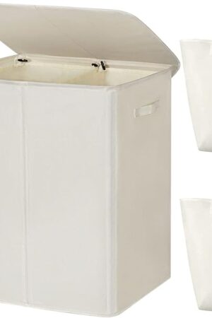 WOWLIVE 154L Double Laundry Hamper with Lid and Removable Laundry Bags, Large Dirty Clothes Hamper 2 section Collapsible Laundry Basket Dorm Room Storage for Bedroom, Bathroom, College,Beige