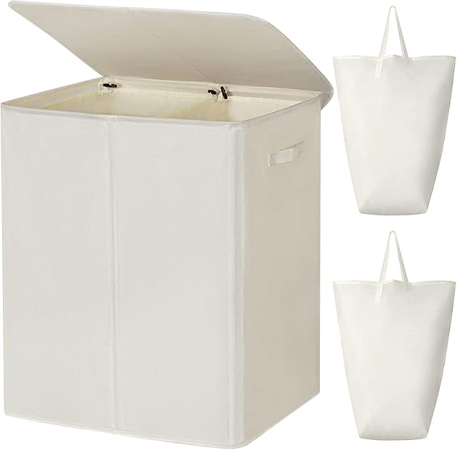 WOWLIVE 154L Double Laundry Hamper with Lid and Removable Laundry Bags, Large Dirty Clothes Hamper 2 section Collapsible Laundry Basket Dorm Room Storage for Bedroom, Bathroom, College,Beige