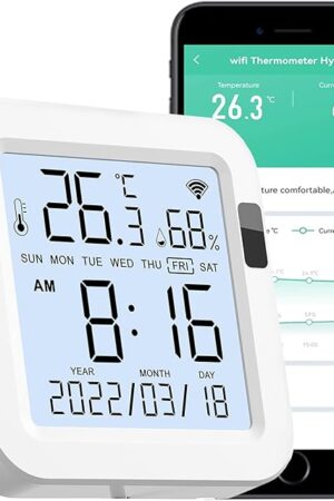 WiFi Temperature Humidity Monitor: Upgraded Smart Temperature and Humidity Sensor with Large Backlit LCD Screen & App Alerts, Indoor Thermometer Hygrometer Compatible with Alexa Google Assistant