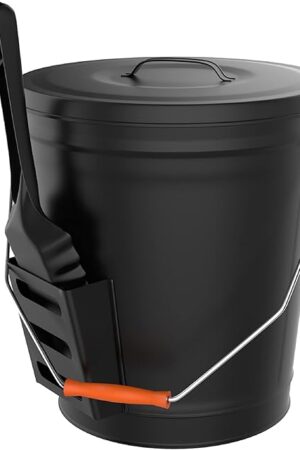Ash Bucket - 4.75-Gallon Metal Bucket with Lid and Shovel for Fireplace or Firepit Ashes - Heat Resistant Fireplace Tools by Pure Garden (Black)