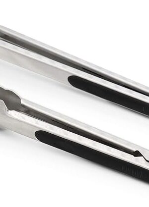 304 Stainless Steel Kitchen Cooking Tongs, 9" and 12" Set of 2 Sturdy Grilling Barbeque Brushed Locking Food Tongs with Ergonomic Grip, Black