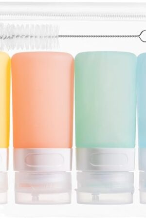 Condiment Squeeze Bottles for Sauces, 2-oz Mini Silicone Salad Dressing Container to Go with Reusable Sandwich Bag, Leakproof Ketchup Bottle for Bento Lunch Box, 4 Pack, Candies