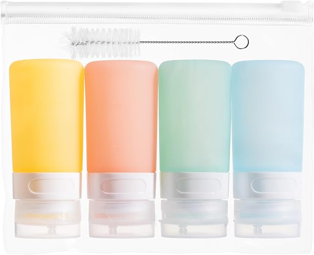 Condiment Squeeze Bottles for Sauces, 2-oz Mini Silicone Salad Dressing Container to Go with Reusable Sandwich Bag, Leakproof Ketchup Bottle for Bento Lunch Box, 4 Pack, Candies