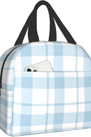 DADABULIU Lunch Bag Plaid Blue Check Insulated Lunch Box Cooler Tote for Adults Kid Girl Women Work Office School Picnic Beach Reusable Lunchbox Over 3 Years Old