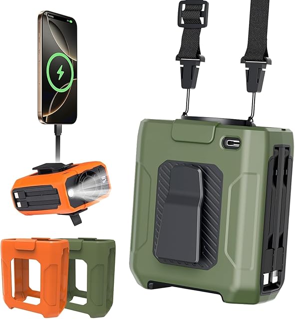 Clip On Fan 4 in 1 Portable Waist Fan 10000MAH Battery Operated 5 Speeds Wind Neck Fan Rechargeable for Cooling Outdoor Camping (Orange/Green)