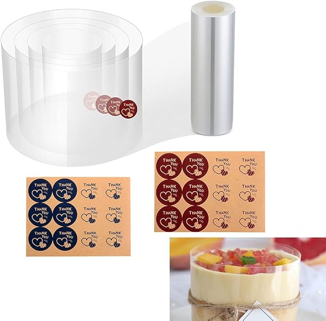 Cake Collars 6.3 x 394inch Acetate Rolls Clear Cake Strips Transparent Mousse Cake Collar Acetate Sheet for Baking, Surrounding Edge Decorating + Bonus with Delicate Stickers