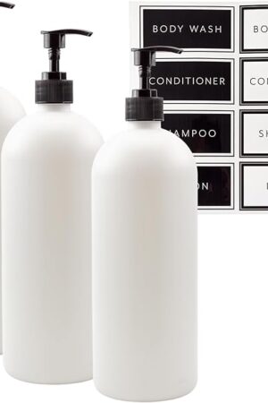 Cornucopia Brands Shower Pump Bottles (Set of 3, White); 32oz Plastic Pump Dispensers for Shampoo, Conditioner, and Body Wash