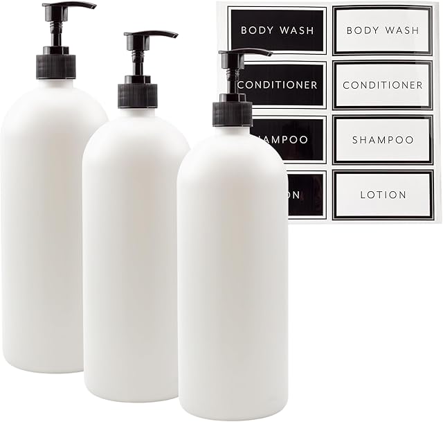 Cornucopia Brands Shower Pump Bottles (Set of 3, White); 32oz Plastic Pump Dispensers for Shampoo, Conditioner, and Body Wash