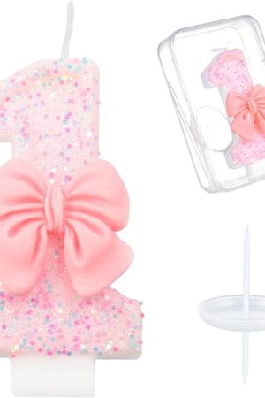 Ceya Number 1 Birthday Candles,Pink Bowknot Candle for Cake, Sparkling Number Glitter Candle 3.14inch Cake Topper,1st Birthday Decorations for Girl Women Reunions Anniversary Party Supplies