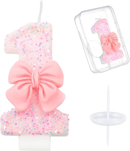 Ceya Number 1 Birthday Candles,Pink Bowknot Candle for Cake, Sparkling Number Glitter Candle 3.14inch Cake Topper,1st Birthday Decorations for Girl Women Reunions Anniversary Party Supplies
