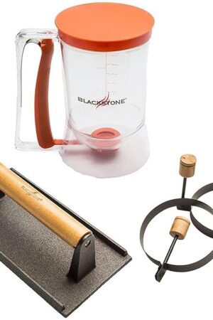 Blackstone 1543 4-Piece Griddle Breakfast Kit with Batter Dispenser, Bacon Press, and Two Egg Rings