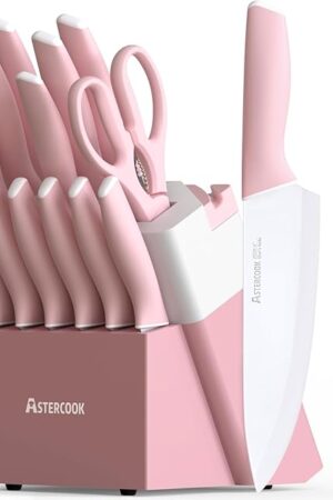 Astercook Knife Set, Kitchen Knives Set with Block and Sharpener Ceramic Coating 15 Pcs German Stainless Steel Knives Sharp Blade Dishwasher Safe Knife Block Set with Ergonomic Handle, Crystal Pink