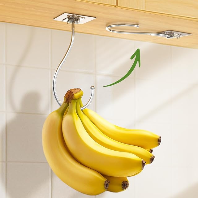 Banana Hook for Hanging Heavy-Duty 15Ib(Max) 2 Pack, Folding Banana Hanger Under Cabinet, Banana Holder Self Adhesive Traceless Clear for Keep Fresh & Kitchen Space Saving