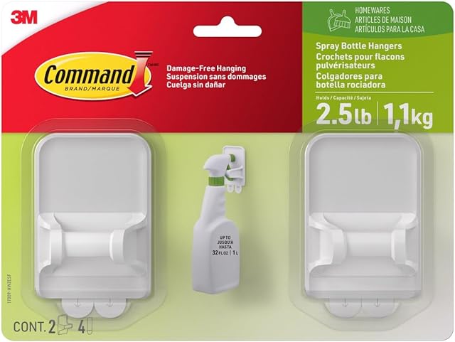 Command Spray Bottle Hangers, Holds up to 32 fl oz, 2 Hangers with 4 Command Strips, Damage Free Spray Bottle Holder Wall Mount to Cabinet, Kitchen, or Under Sink
