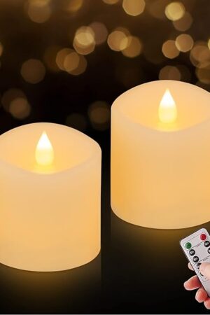 3x3 Flickering Flameless Candles Set of 2, 2AA Battery Life 600 Hours Battery Candles Flickering with Timer,3 inch Flameless Candles with Remote for Indoor/Outdoor, Ivory