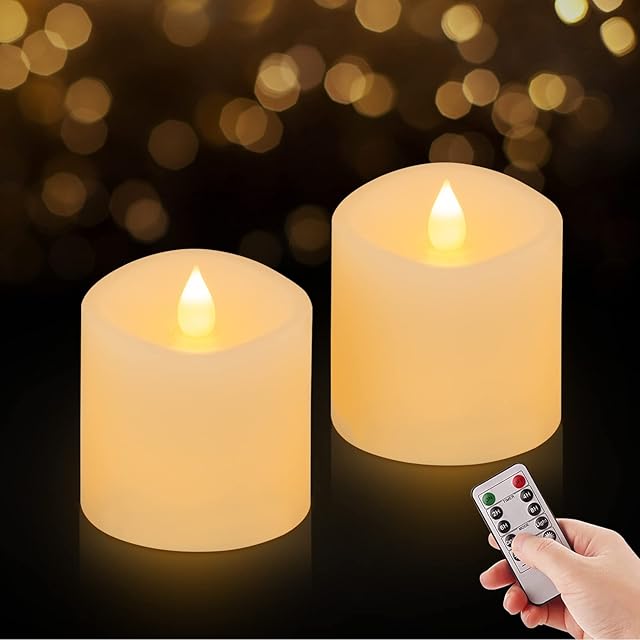 3x3 Flickering Flameless Candles Set of 2, 2AA Battery Life 600 Hours Battery Candles Flickering with Timer,3 inch Flameless Candles with Remote for Indoor/Outdoor, Ivory