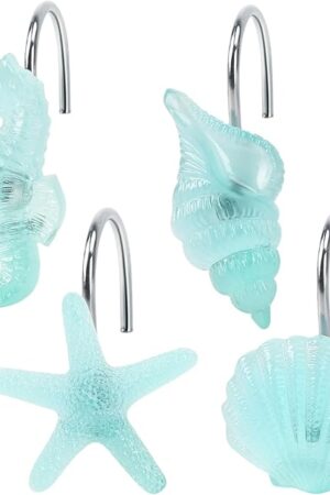 Beach Shower Curtain Hooks, Glow in The Dark, Creative Blue Starfish, Seashell, Conch and Seahorse, Coastal Theme Ocean Seaside Pretty Bathroom Décor