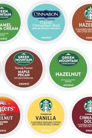 30 Count - Flavored K-cups Coffee Pods Variety Sampler Includes Starbucks Hazelnut, Caramel, Cinnamon Dolce & Vanilla - Green Mountain Caramel Vanilla Cream, Maple Pecan & Hazelnut – Folgers Hazelnut – Dunkin French Vanilla -Cinnabon Cinnamon Roll for Keurig Brewers.