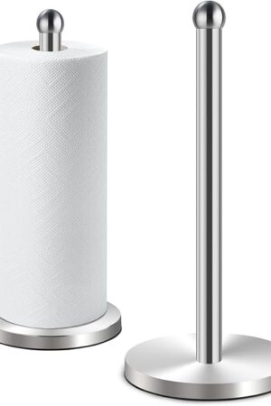 DAWNER Paper Towel Holder Countertop, Freestanding Kitchen Paper Holder Stand, One-Handed Tear, Stainless Steel, Paper Towel Dispenser with Weighted Base for Standard Towel Rolls, Brushed Nickel