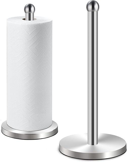 DAWNER Paper Towel Holder Countertop, Freestanding Kitchen Paper Holder Stand, One-Handed Tear, Stainless Steel, Paper Towel Dispenser with Weighted Base for Standard Towel Rolls, Brushed Nickel