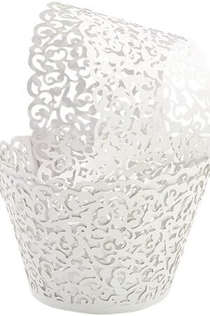 100pcs Cupcake Wrappers Artistic Bake Cake Paper Cups Little Vine Lace Laser Cut Liner Baking Cup Muffin Case Trays for Wedding Party Birthday Decoration (White)