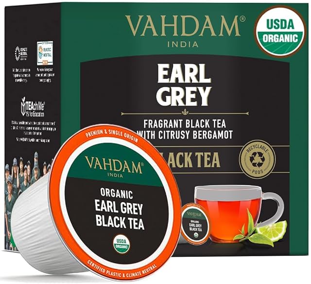 VAHDAM Organic Earl Grey Black Tea K Cup (18 Pods) Keurig Compatible | USDA Organic Black Tea with Citrusy Bergamot, Med Caffeine | BPA Free & Recyclable Pods, Single Serve
