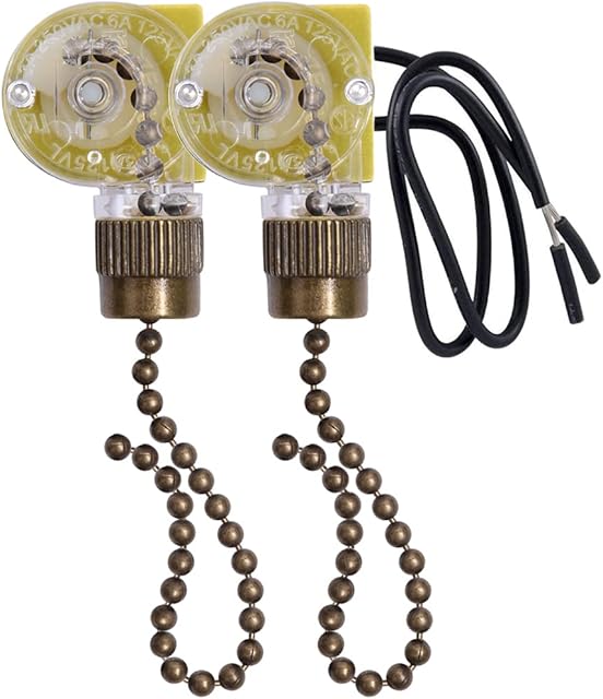 Ceiling Fan Light Switch Zing Ear ZE-109 Two-Wire With Pull Cords for Fans, Lamps and Wall Lights - Pull Chain Control Replacement On-Off, 2 Pcs Bronze