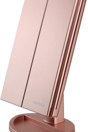 deweisn Dresser Mount Tri-Fold Lighted Vanity Mirror with 21 LED Lights, Touch Screen and 3X/2X/1X Magnification, Two Power Supply Modes Make Up Mirror,Travel Mirror