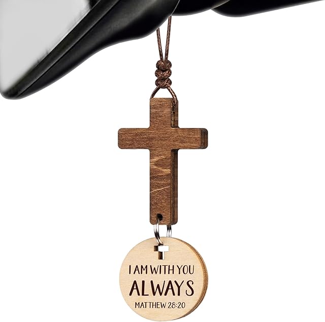 Cross for Car Mirror Hanging Christian Gifts for Men, Women - Scan Phone for Daily Bible Verse Car Rearview Decor Accessories, Jesus Ornament Religious Gift for Truck Driver (I Am with You Always)
