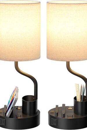 Bedside Table Lamps for Bedroom Set of 2 - Nightstand Light with AC Outlet and USB A & C for Charging, 3 Color Temperatures, Study Desk Lamp with Pen Holder & Phone Stand for Living Room/Dorm/Office