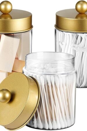 3PC Farmhouse Decor Qtip Holder Apothecary Jars Bathroom Vanity Storage Organizer -Countertop Canister Container &Cute Stickers for Cotton Swab,Ball,Pad,Floss,Paper Clips (Gold,Plastic)