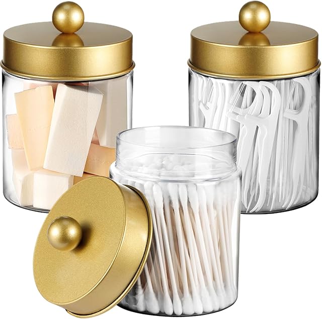 3PC Farmhouse Decor Qtip Holder Apothecary Jars Bathroom Vanity Storage Organizer -Countertop Canister Container &Cute Stickers for Cotton Swab,Ball,Pad,Floss,Paper Clips (Gold,Plastic)