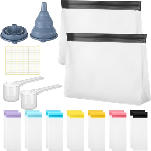 21 Pcs Protein Powder Travel Container Set Single Dose Reusable Powder Supplement Packets Portable Travel Organizer Zip up Bags with Funnels, Spoons and Labels