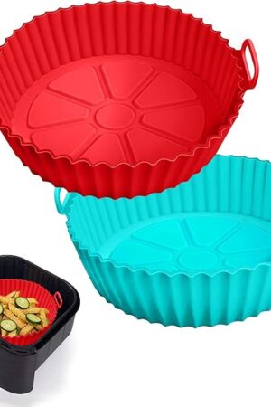 2 Pack Air Fryer Silicone Liners Pot for 3 to 5 QT, Basket Bowl, Replacement of Flammable Parchment Paper, Reusable Baking Tray Oven Accessories, Red+Blue, (Top 8in, Bottom 6.75in)