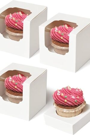Cupcake Boxes 50 Pcs White Individual Cupcake Box, Single Container Cardboard Holders with Insert and Window for Muffins Cocoa Bombs Packaging Togo Boxes for Birthdays Showers Party Favors