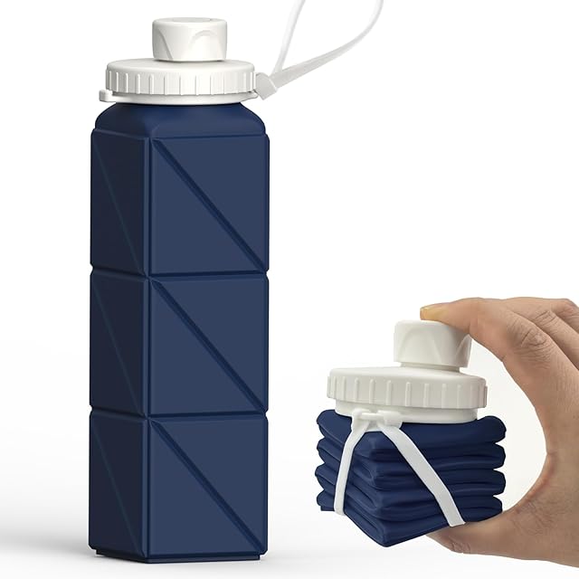 Collapsible Water Bottle 20.6oz, 1 Pack, Silicone Foldable | Lightweight Leakproof | for Traveling Camping | Hiking Cycling Yoga | Sports Outdoor | Portable Travel | Dark Blue