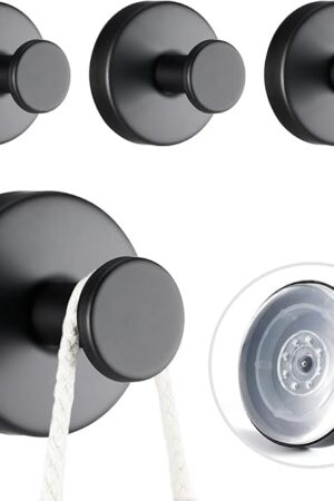 4 PCS Suction Cup Hooks for Shower, Stainless Steel No Drill Towel Hooks, Reusable Sticky Silicone Base for Bathroom Wall, Glass, Mirror, Tile to Hang Loofahs, Robes (Matt Black)
