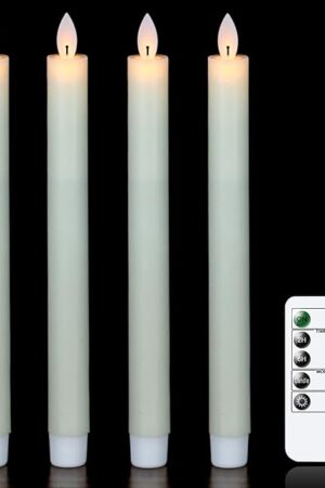 Wondise Flameless Taper Candles Remote with Timer, Battery Operated Real Wax Ivory LED Amber Yellow Light Candles, for Christmas Window Decoration, Set of 4(D0.78 x H9.5 Inch)