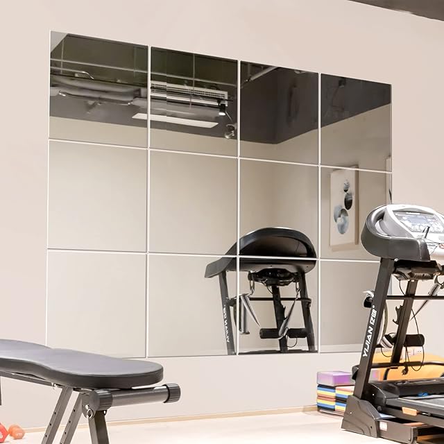 Murrey Home Wall Mirror for Home Gym Mirror, Full Length Mirrors Wall Mounted, Frameless Full Body Mirror Tiles for Wall, Door, Garage, 12" x12PCS