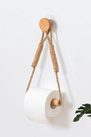 Wood & Rope Wall Toilet Paper Holder, Rustic Tissue Rolls Paper Holder Wall Mounted, Nautical Rattan Bathroom Accessories with Self-Adhesive Seamless Screw